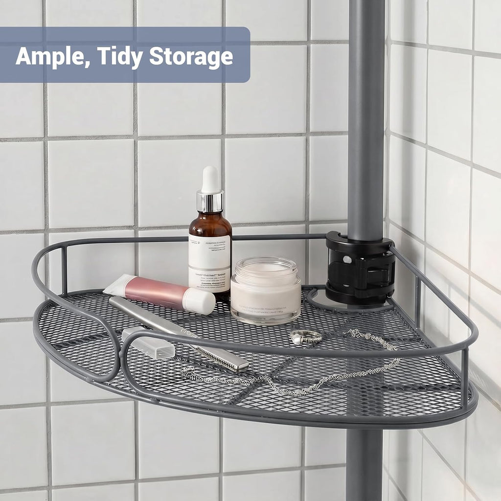 Standing Shower Caddy Corner, 4-Tier Adjustable Height Bathroom Organizer, 6-Section Pole, Sturdy Floor Standing Shelf for Shower – No Drilling, No Spring Tension (Gray)