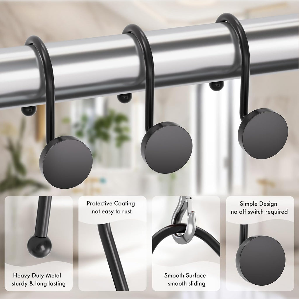AmazerBath Shower Curtain Hooks, Shower Curtain Rings Heavy Duty Modern Decorative Black Shower Curtain Hooks Rust Proof Smooth Glide Shower Hooks for Shower Curtain Liner Shower Rod Hook, 12Pcs