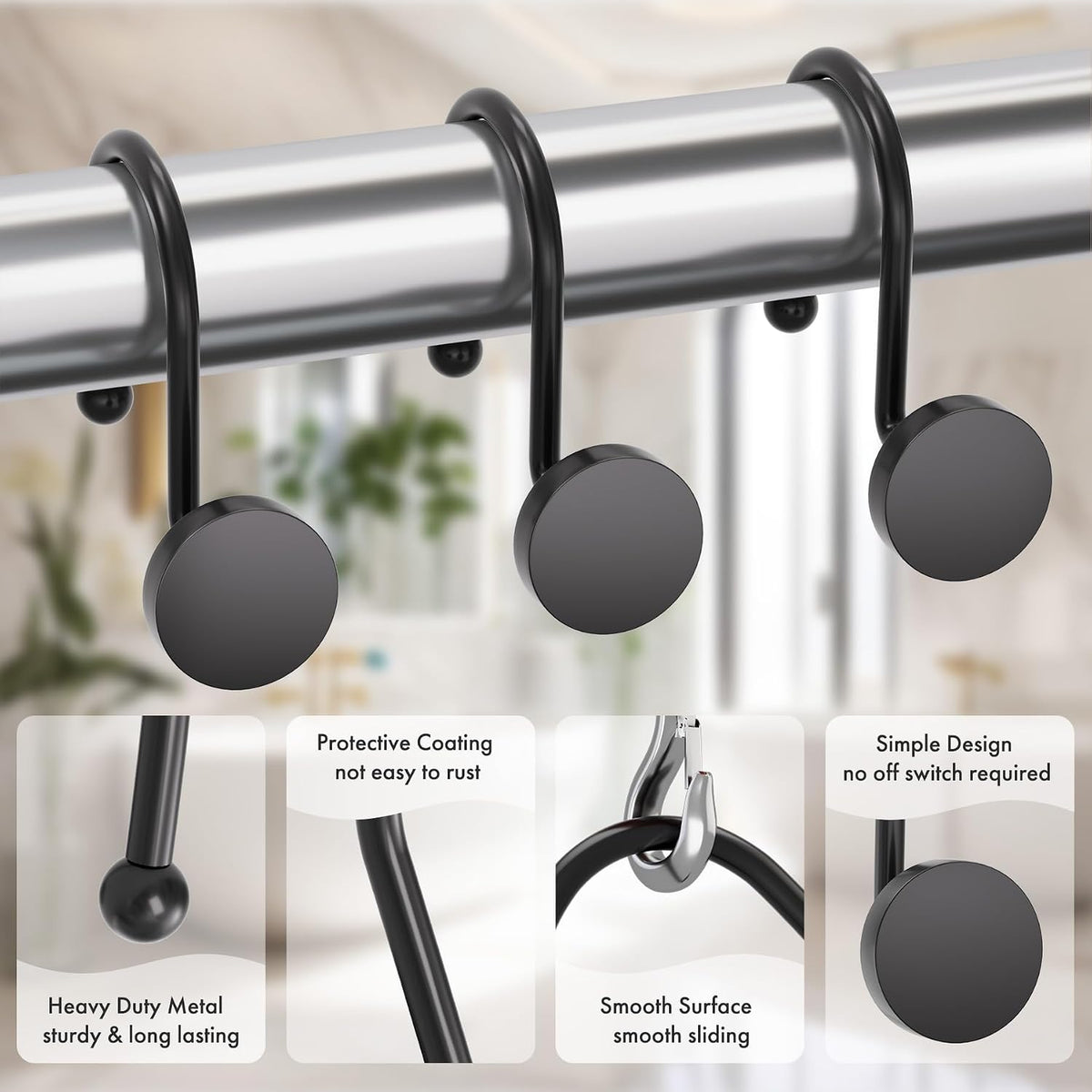 AmazerBath Shower Curtain Hooks, Shower Curtain Rings Heavy Duty Modern Decorative Black Shower Curtain Hooks Rust Proof Smooth Glide Shower Hooks for Shower Curtain Liner Shower Rod Hook, 12Pcs
