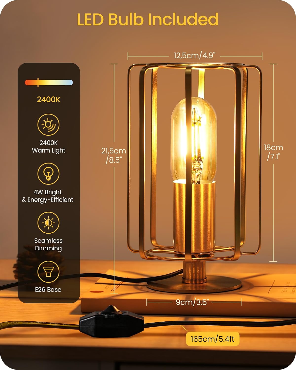 Industrial Table Lamp, 8.5" Small Brass Table Lamp with Dimmable 2400K Warm Light LED Bulb, Vintage Brass Desk Lamp, Gold Bedside Lamp for Bedroom, Study, Office, Small Space, D05TL05
