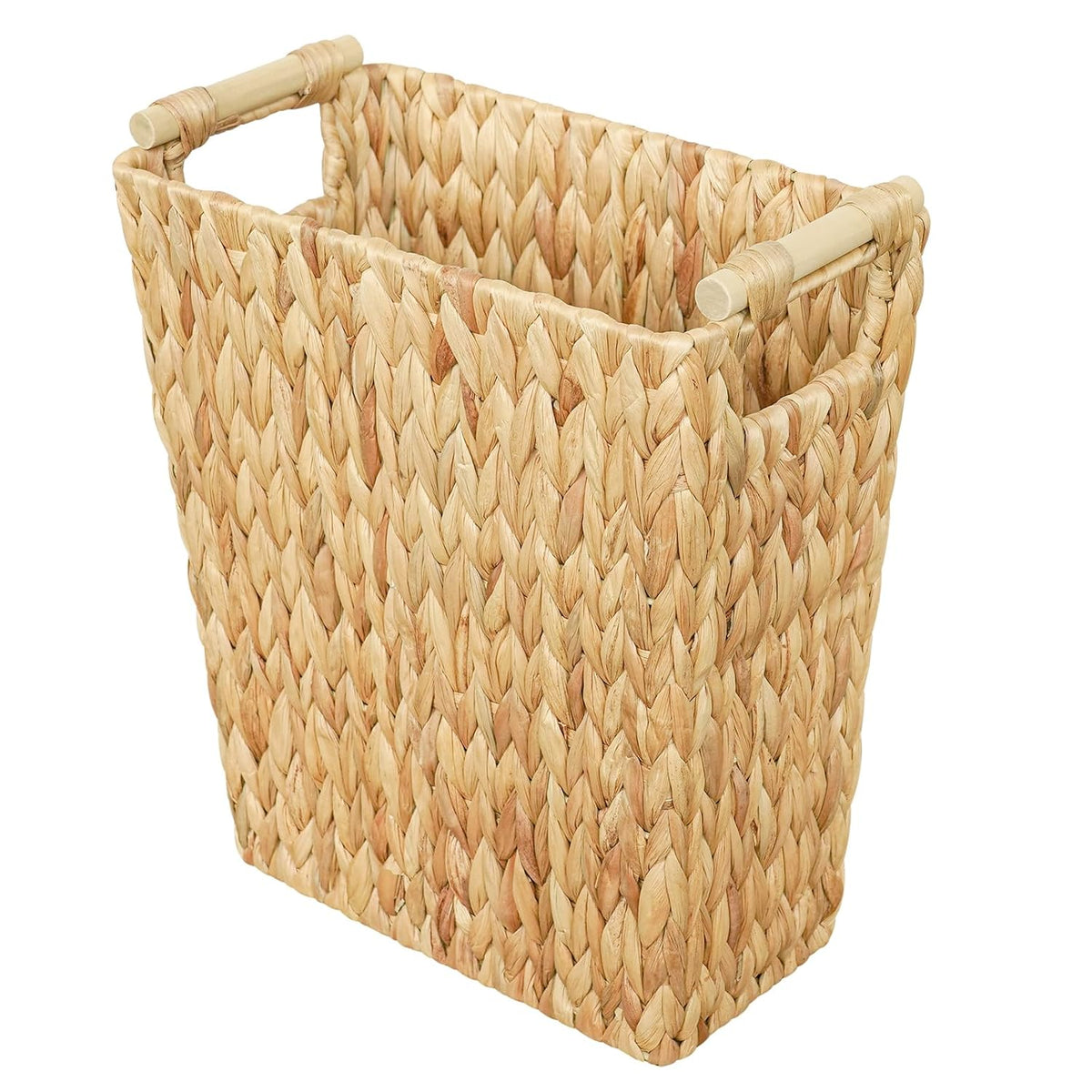 Coeusy 6 Gallon Wicker Trash Can with Wooden Handle,Wicker Waste Basket for Bathroom,Bedroom,Large Narrow Water Hyacinth Trash Basket,Rattan Boho Decor Farmhouse Bathroom Trash Can