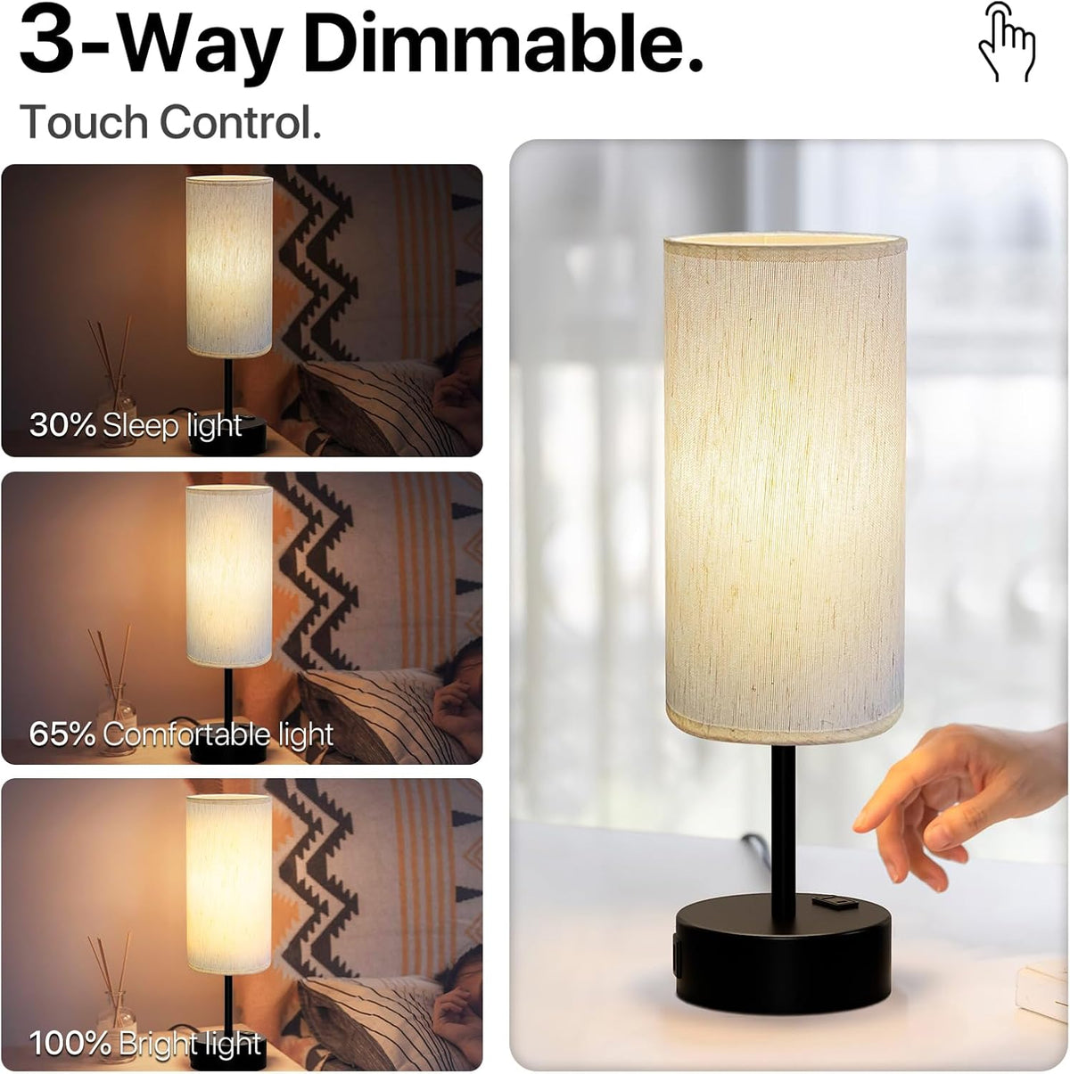 KPQ Bedside Lamp Touch Control Table Lamp with USB A+C Charging Ports & AC Outlet 3-Way Dimmable Nightstand Lamp with Linen Fabric Shade (Beige Shade-Black Base, 14" Small Size Touch Control)