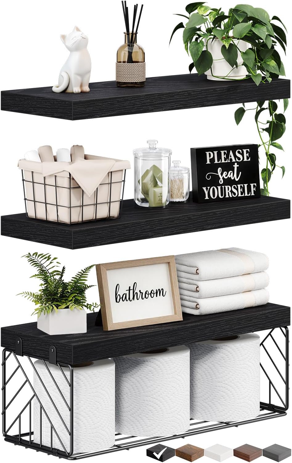 BAYKA Black Floating Bathroom Shelves, 15.7in, 3Pk, Wall Mount Wood Shelf