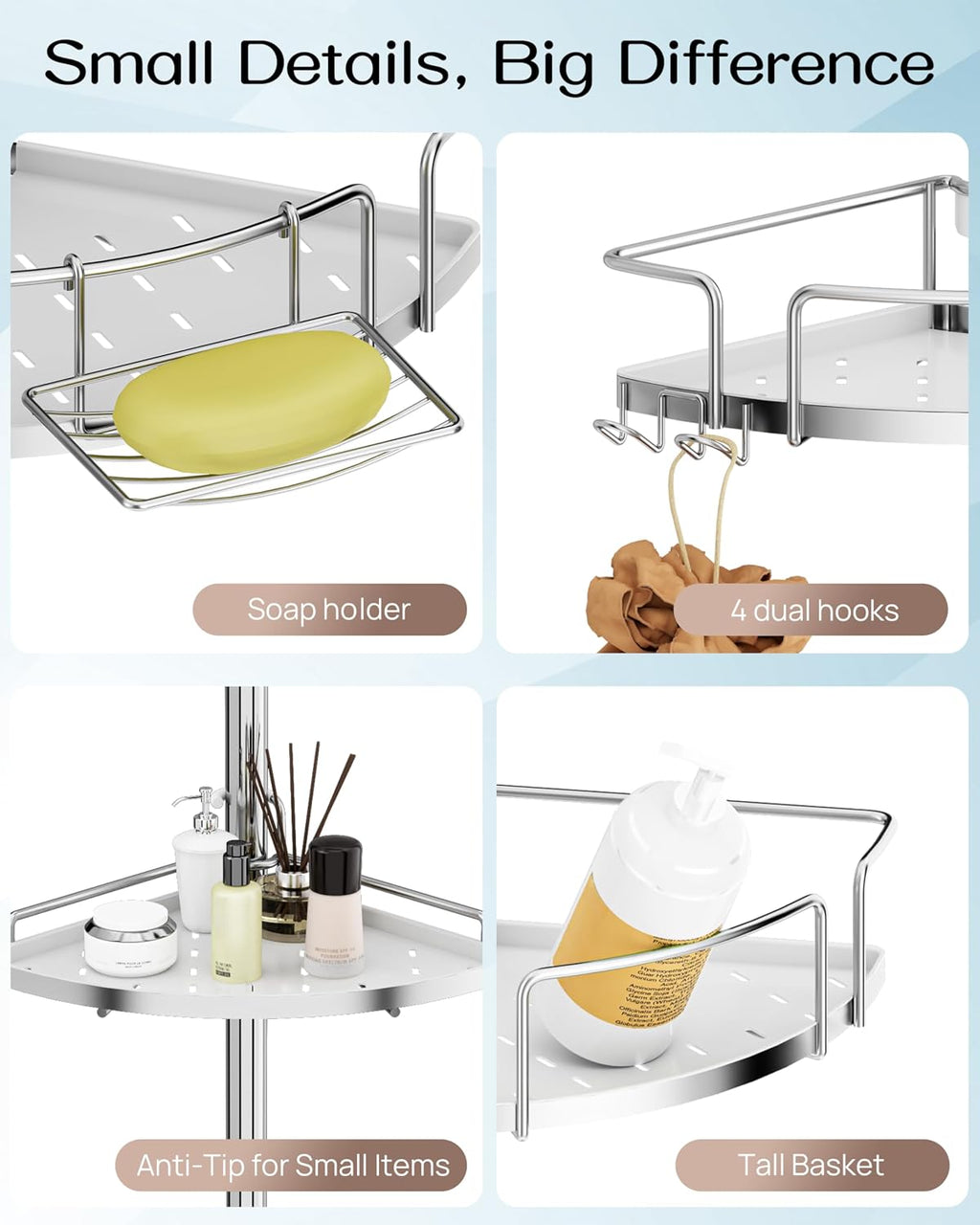 ALLZONE Two-Tone Corner Shower Caddy Tension Pole for Bath Shampoo Storage