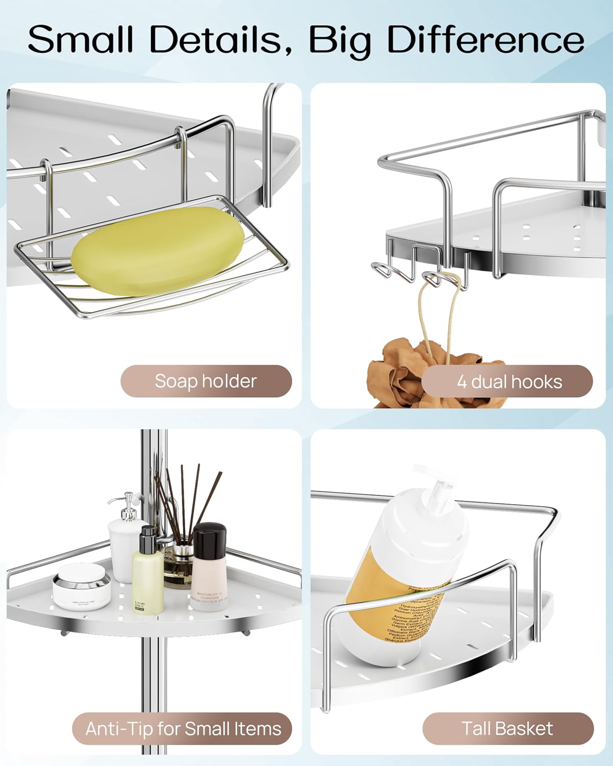 ALLZONE Two-Tone Corner Shower Caddy Tension Pole for Bath Shampoo Storage