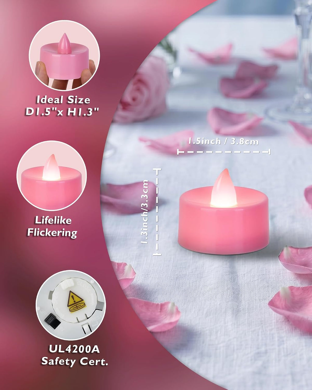 Homemory 50-Pack Pink Flameless Battery Tealight Candles, 200+ Hours