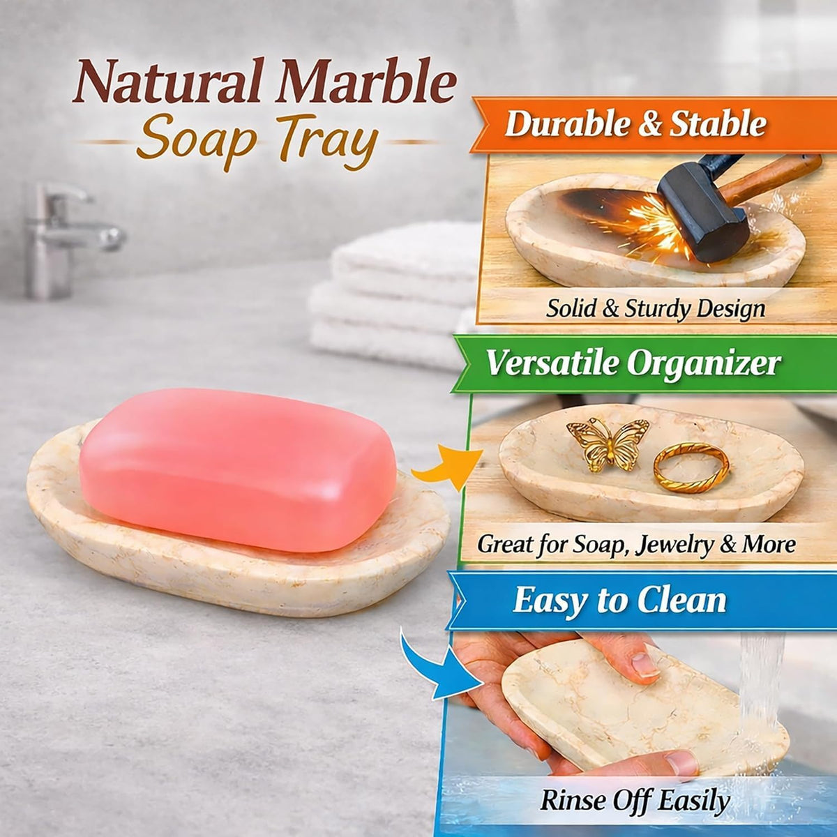 Creative Home Marble Soap Dish for Bathroom Sink, Natural Stone Soap Holder