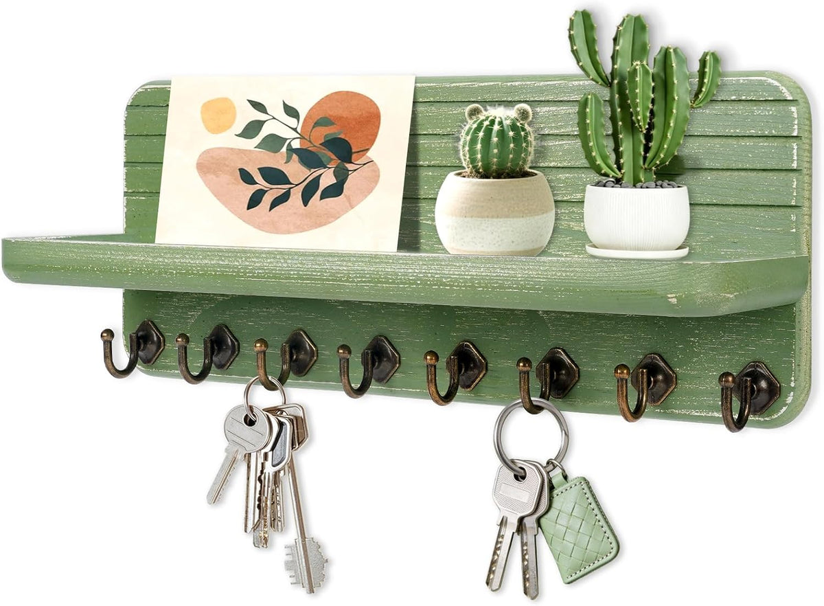 Key Holder for Wall, Mail Organizer Wall Mount with 8 Hooks Wooden Hanging Key Rack for Home Decor, Hallway, Entryway (Dark Green)