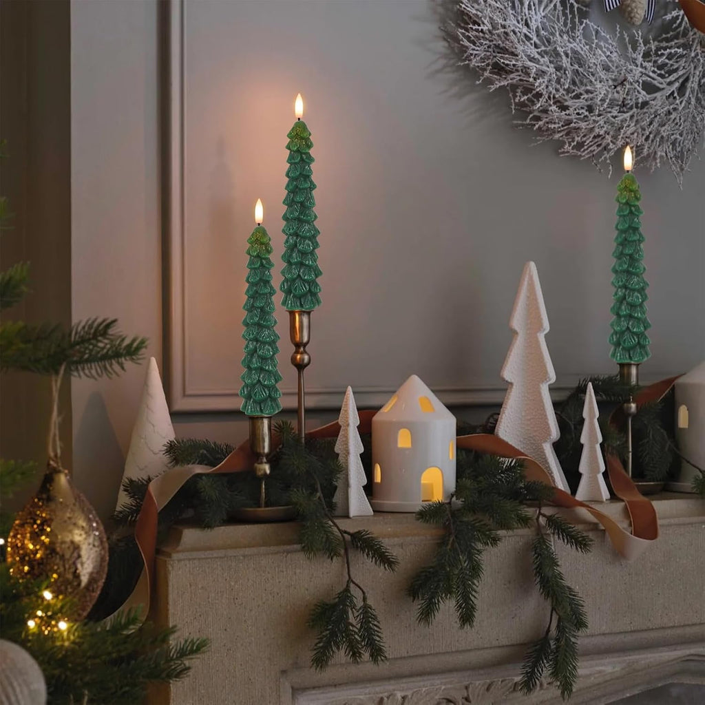 Green Christmas Tree Flameless Taper Candles Battery Operated Remote Timer