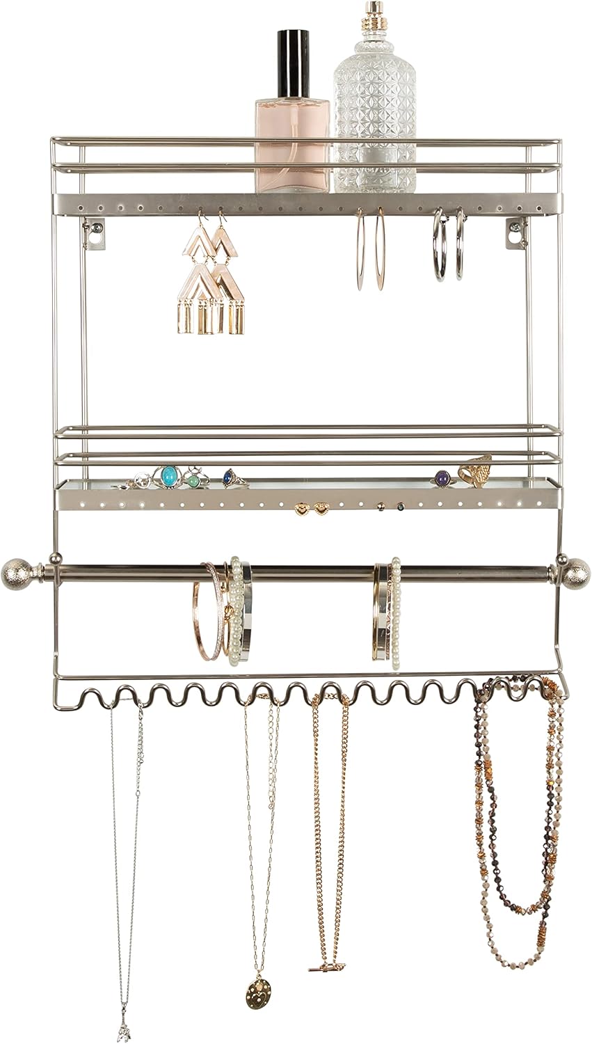 Home Details Wall Mounted Jewelry Organizer | Dimensions: 14.6"x 3.9"x 15.6" | 2 Tier Mirror | Home Organization | Great for Bracelets | Necklaces | Earrings | Mirror Based Shelf | Satin Finish