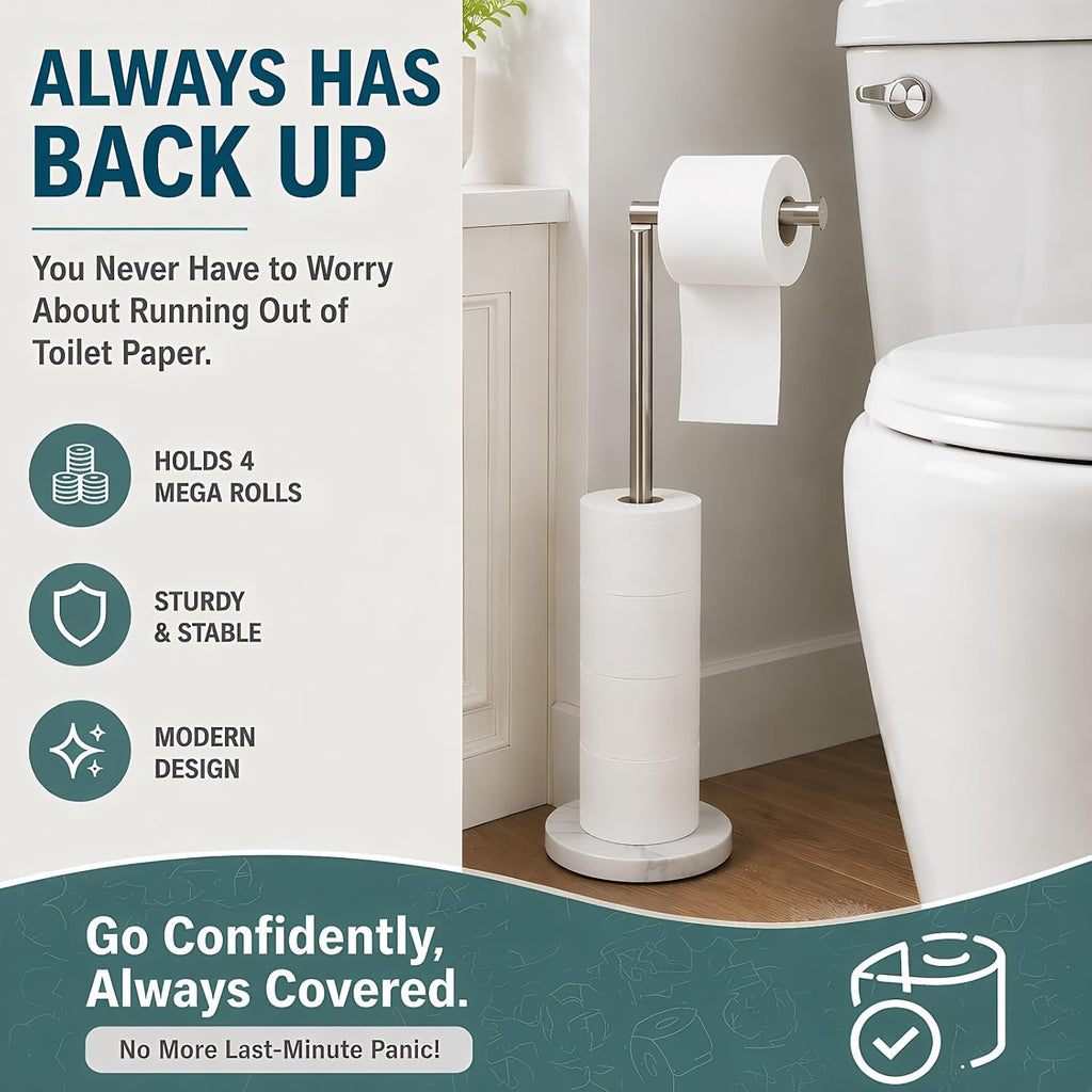 Songtec Toilet Paper Holder Stand, Free Standing Tissue Roll Holder, Heavy Natural Marble Base, Sturdy for 5 Toilet Paper Rolls (Marble Base, Brushed Nickel)