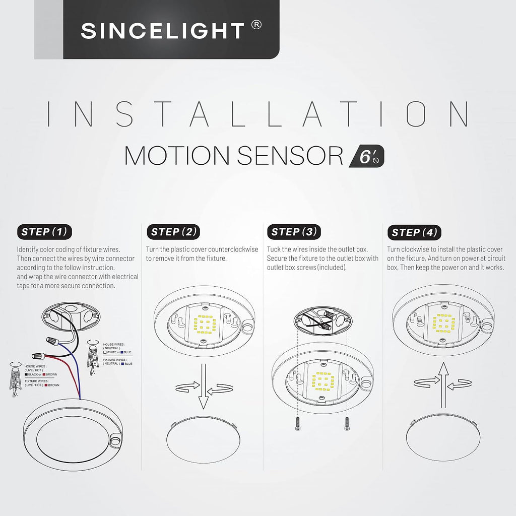 SINCELIGHT PIR Motion Sensor 7W LED Ceiling Light (Φ6''/146mm), Automatically ON/Off, Movement Activated, Cool White 6000K, Surface/Flush Mount for Closet,Cabinet,Hallway, Damp Use, Pack of 1