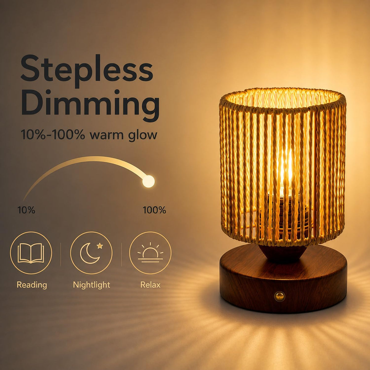Cordless Rattan Table Lamp, 5000mAh Rechargeable Battery Operated Bedside Lamp with Edison Bulb, Stepless Dimmable Boho Cylinder Desk Light for Bedroom Living Room