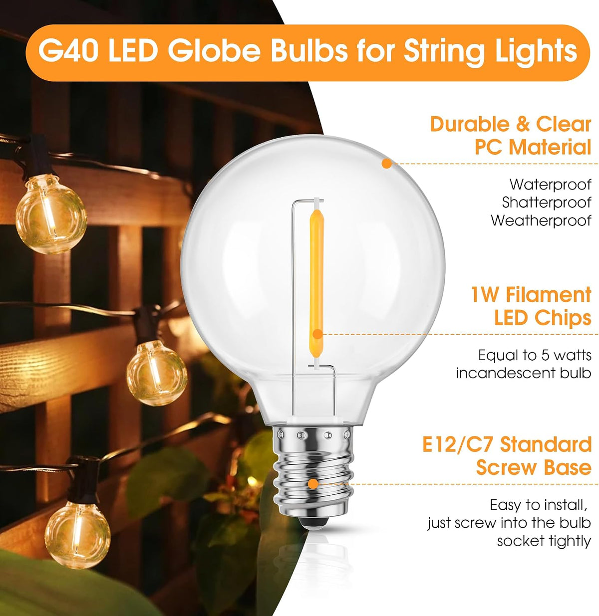 Mlambert 75 Pack G40 LED Replacement String Light Bulbs, E12 Base, 1W,2700K