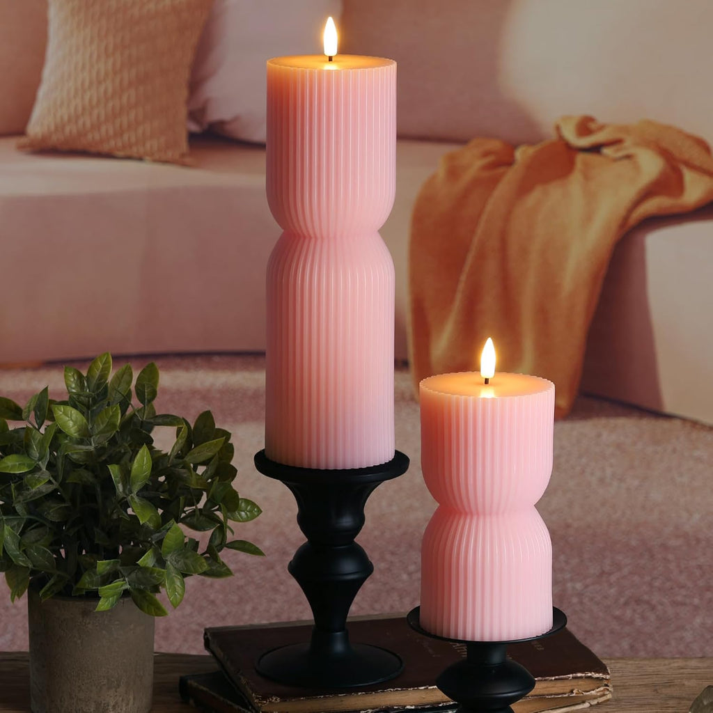 Pink Ribbed Flameless Pillar Candles with Remote Set of 2