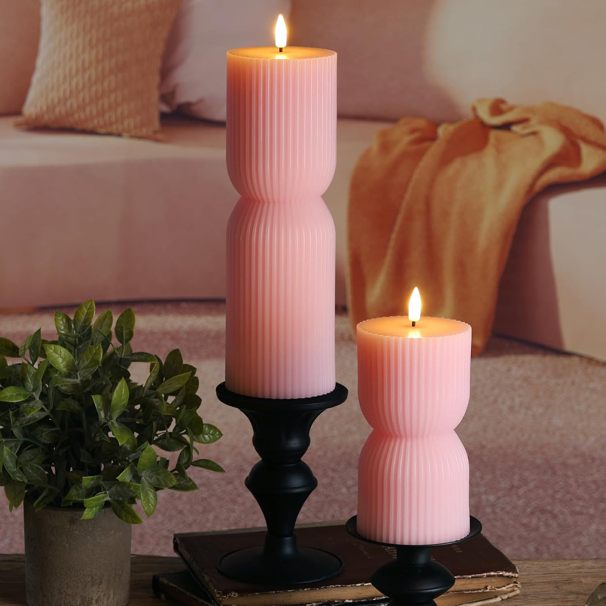 Pink Ribbed Flameless Pillar Candles with Remote Set of 2