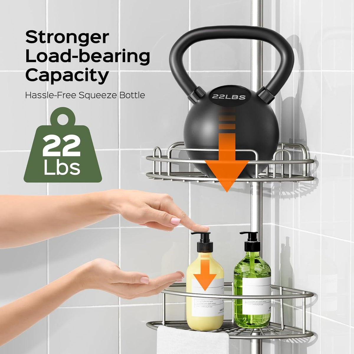 HAMITOR Shower Caddy Tension Pole: 4-Tier Rustproof Bathroom Corner Shelf