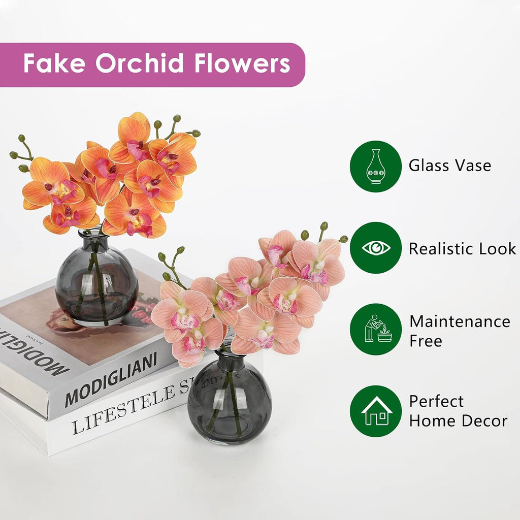 Oairse Orange Orchids Artificial Flowers Faux Orchid Arrangement with Vase