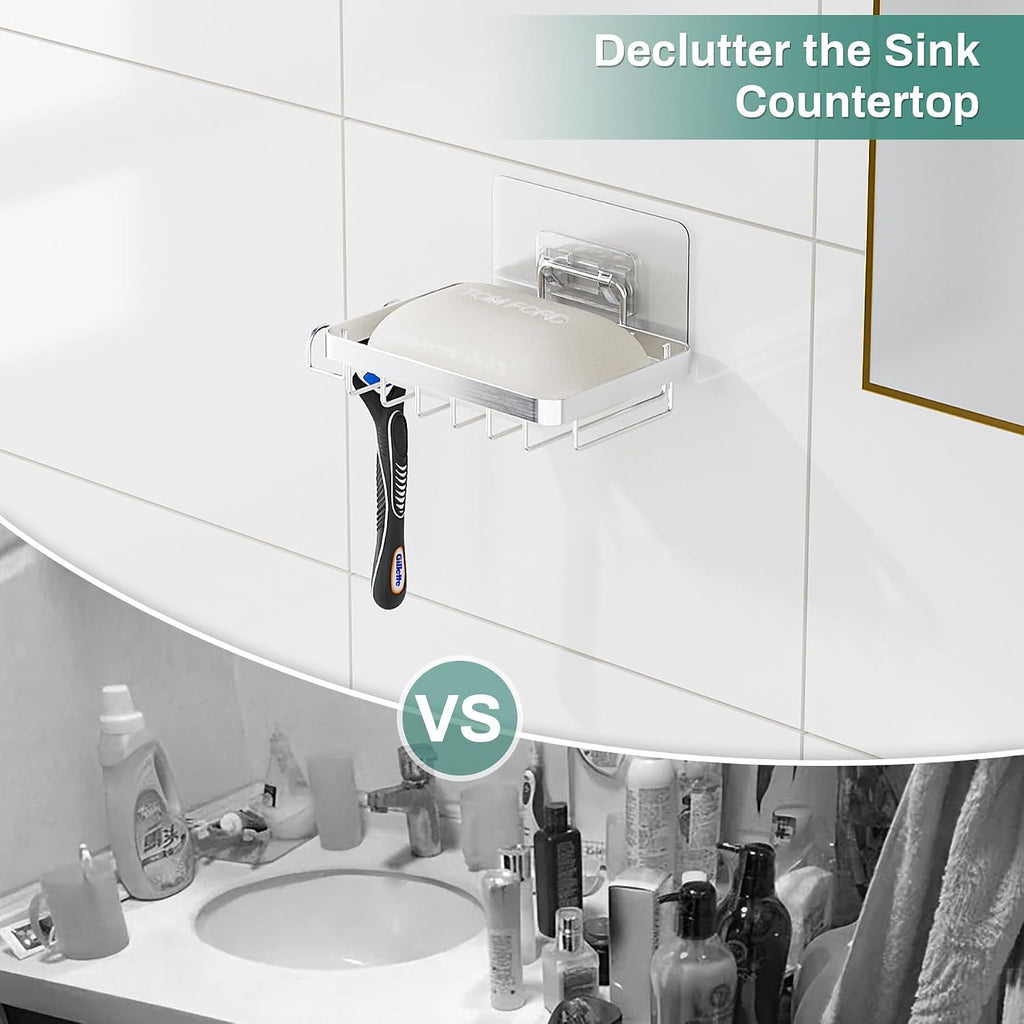 Stainless Steel Adhesive Soap Bar Holder for Shower Wall with 2 Hooks