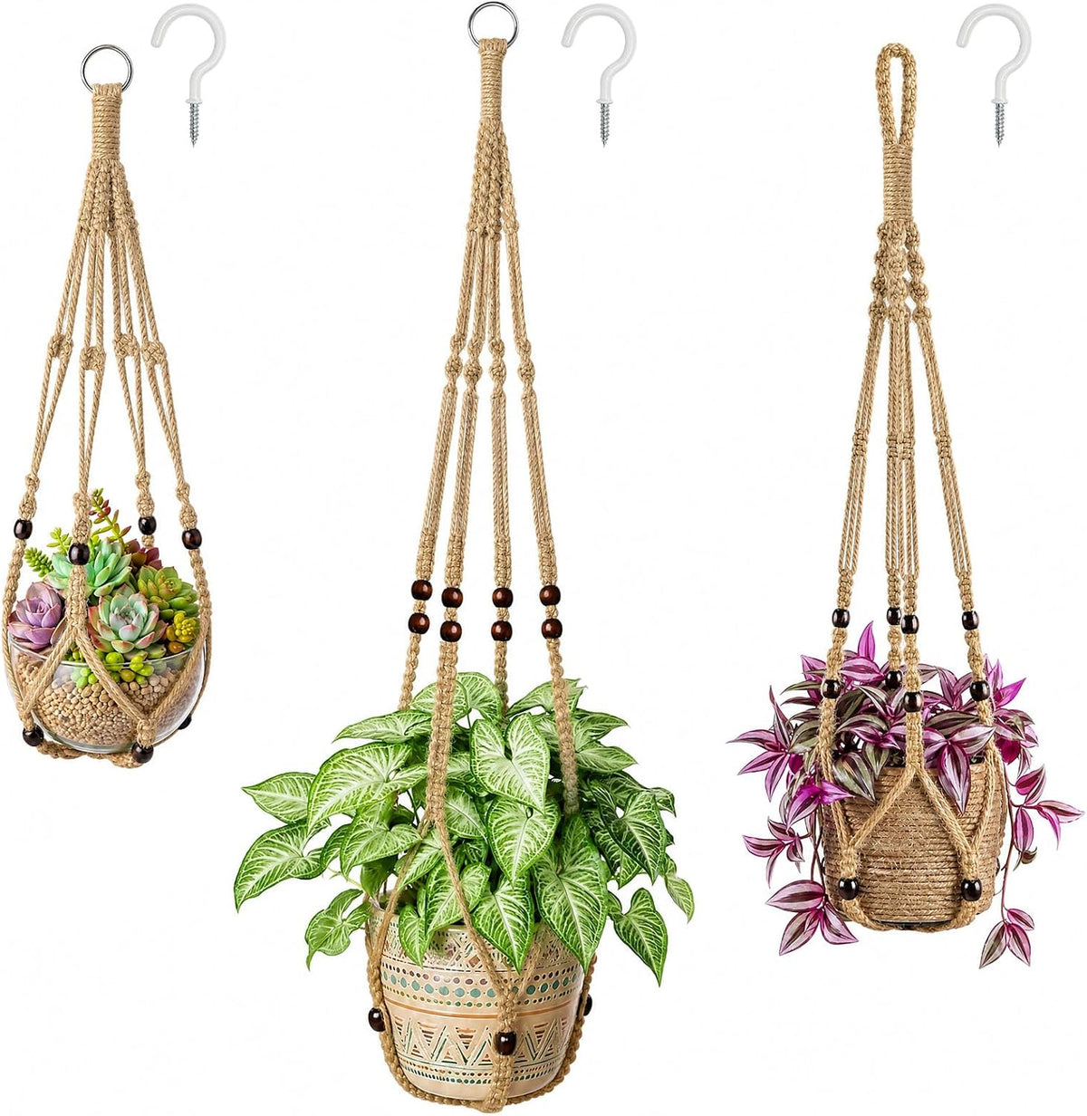 DomeStar 3 Pack Macrame Plant Hangers Indoor Wall Hanging Planters Brown