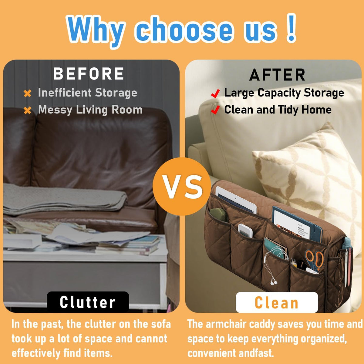 Armchair Caddy for Recliner, Non-Slip Recliner Pocket Organizer, Remote Holder for Recliners, Sofa Armrest Organizer, Couch Caddy with 14 Pockets Storage for TV Remote, Phone, Magazine (Brown)
