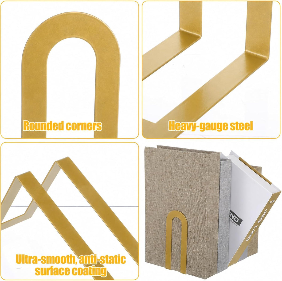6 Pcs Modern Metal Bookends for Shelves, 5.5 x 3.75 x 2.25inch, Gold