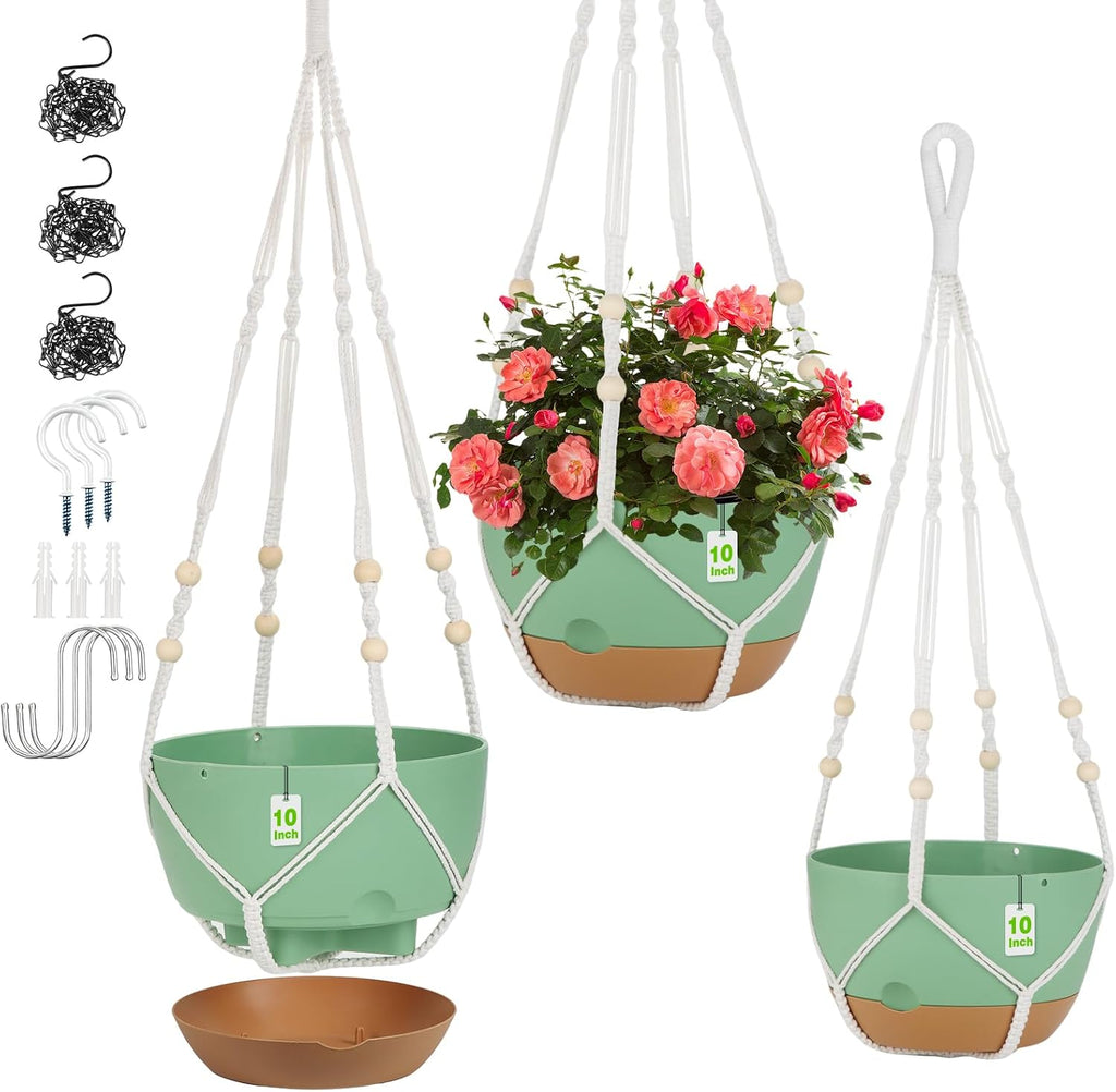 3 Pack Hanging Planter for Indoor Plants, 10inch Self-Watering Hanging Plant Pot, Macrame Plant Hanger with Pot, Chain, S & Ceiling Hooks, Removable Saucer and Drainage Holes for Garden Home - Green