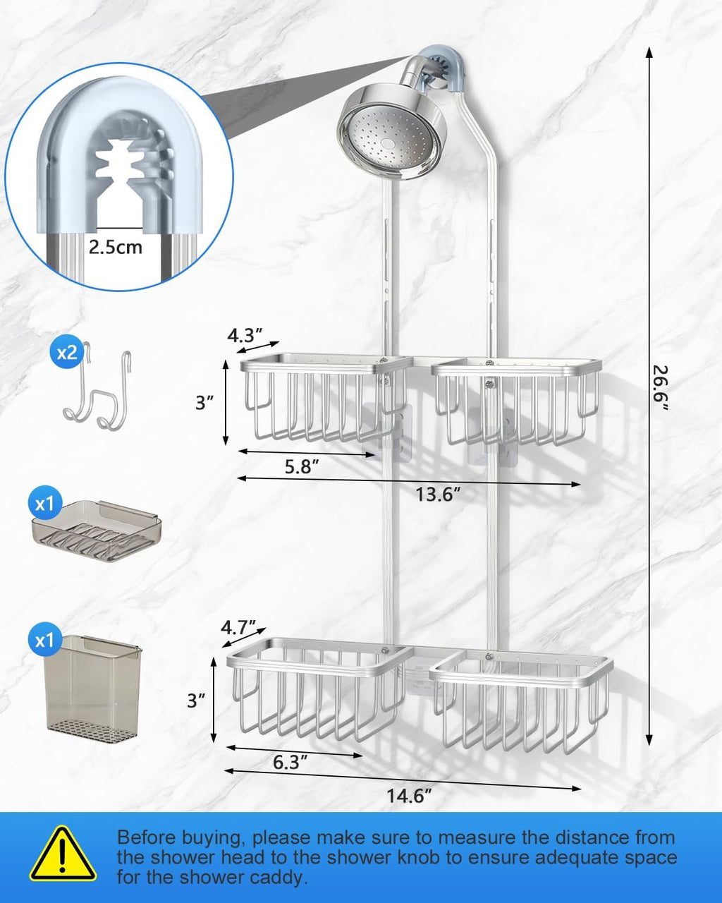 Adjustable Shower Caddy Hanging for Handheld Showerheads - Never Rust Shower Hanging Organizer, Upgraded Bathroom Shower Rack with Soap Basket, Hooks and Toothbrush Holder (Silver)