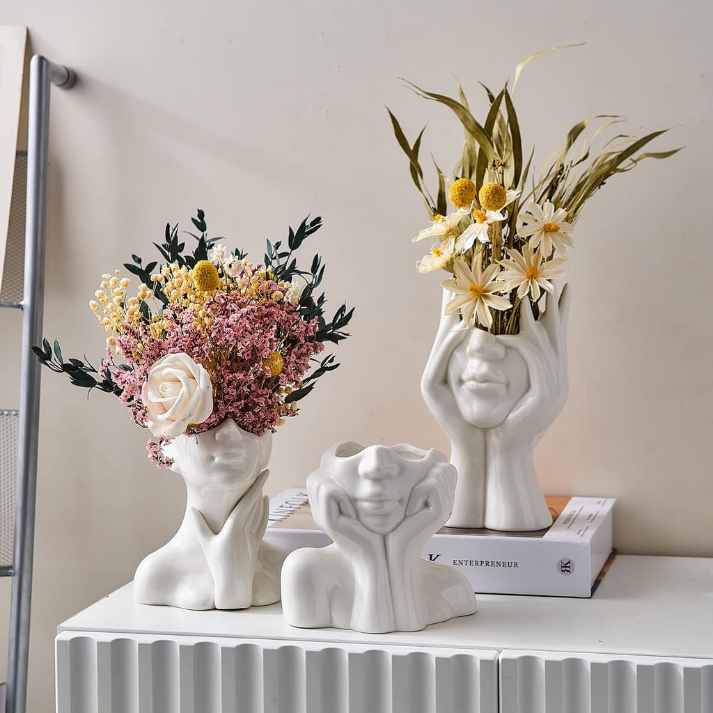 FJS Ceramic Face Vase, White Flower Vase for Table Decor