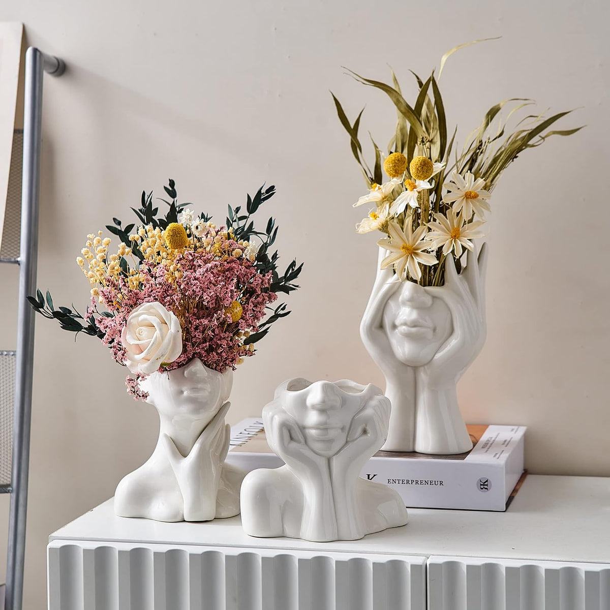 FJS Ceramic Face Vase, White Flower Vase for Table Decor