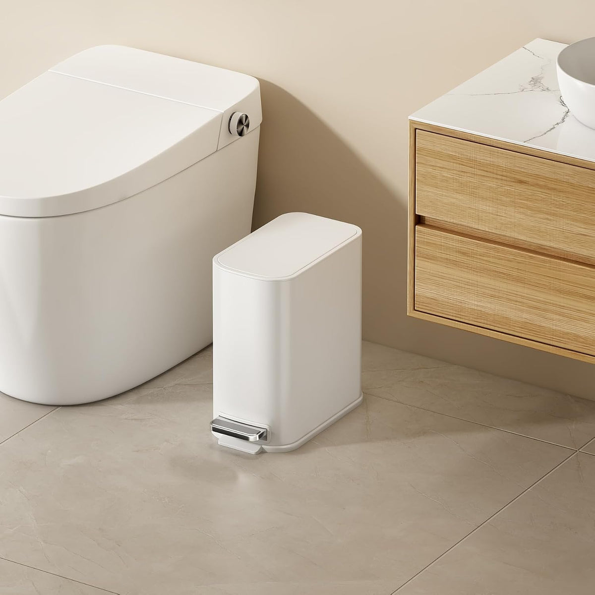 TIPGO Small Bathroom Trash Can with Lid Soft Close,1.3 Gallon, White