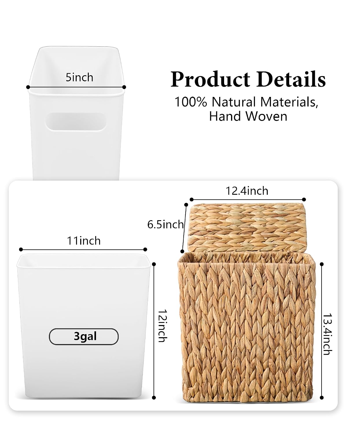 Wicker Trash Can with Lid, 3 Gallon Small Bathroom Trash Can