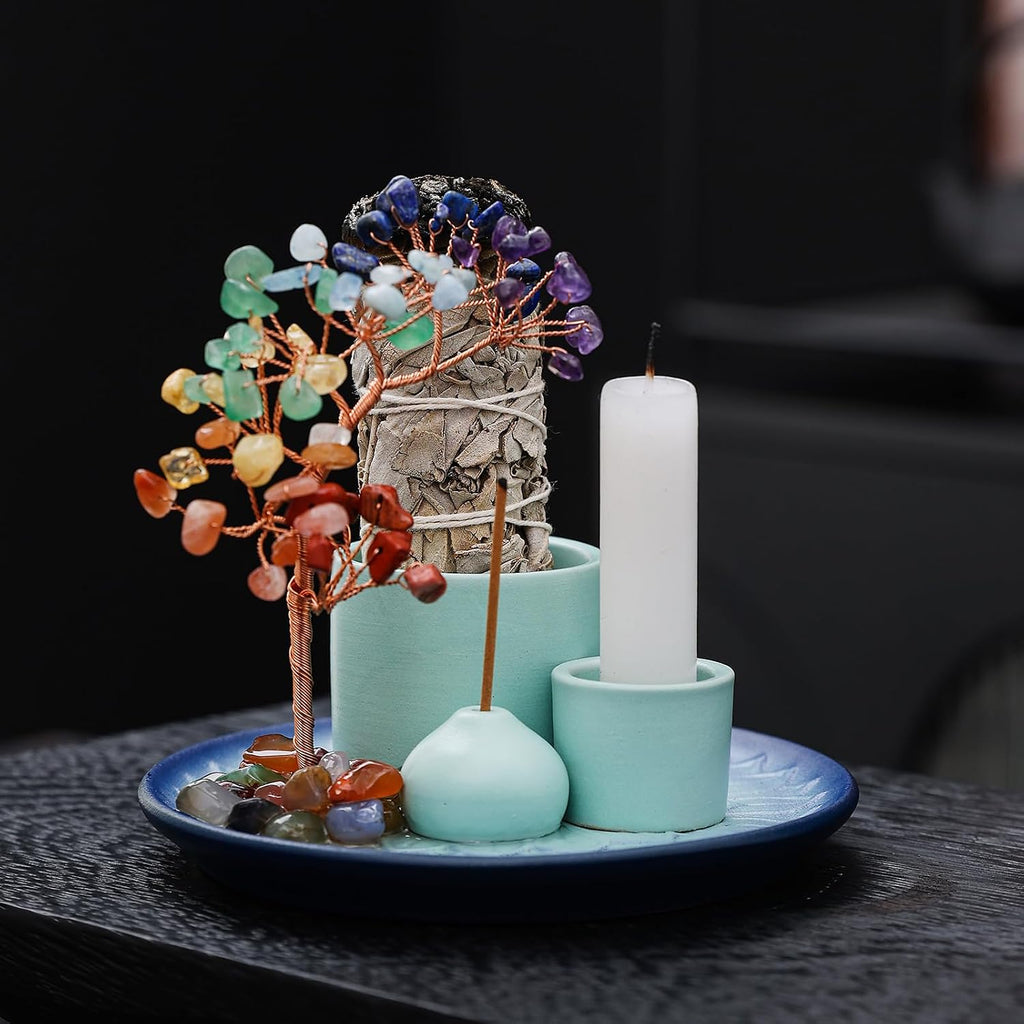 5 in 1 Incense Burner Holder with Crystal Tree for Burning Palo Santo Stick, Sage, Incense Sticks, Candle, Ceramic Tray Ash Catcher, Meditation Gift (Sky-Blue)