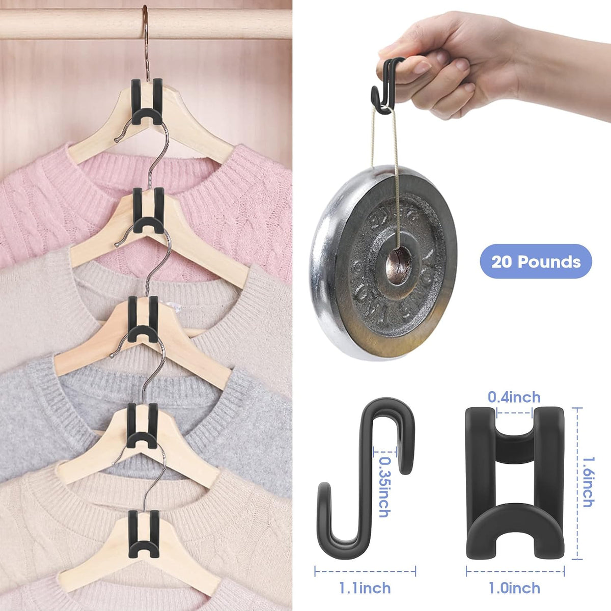 100Pcs Space Saving Hanger Hooks, Plastic Hanger Connector Hooks Black
