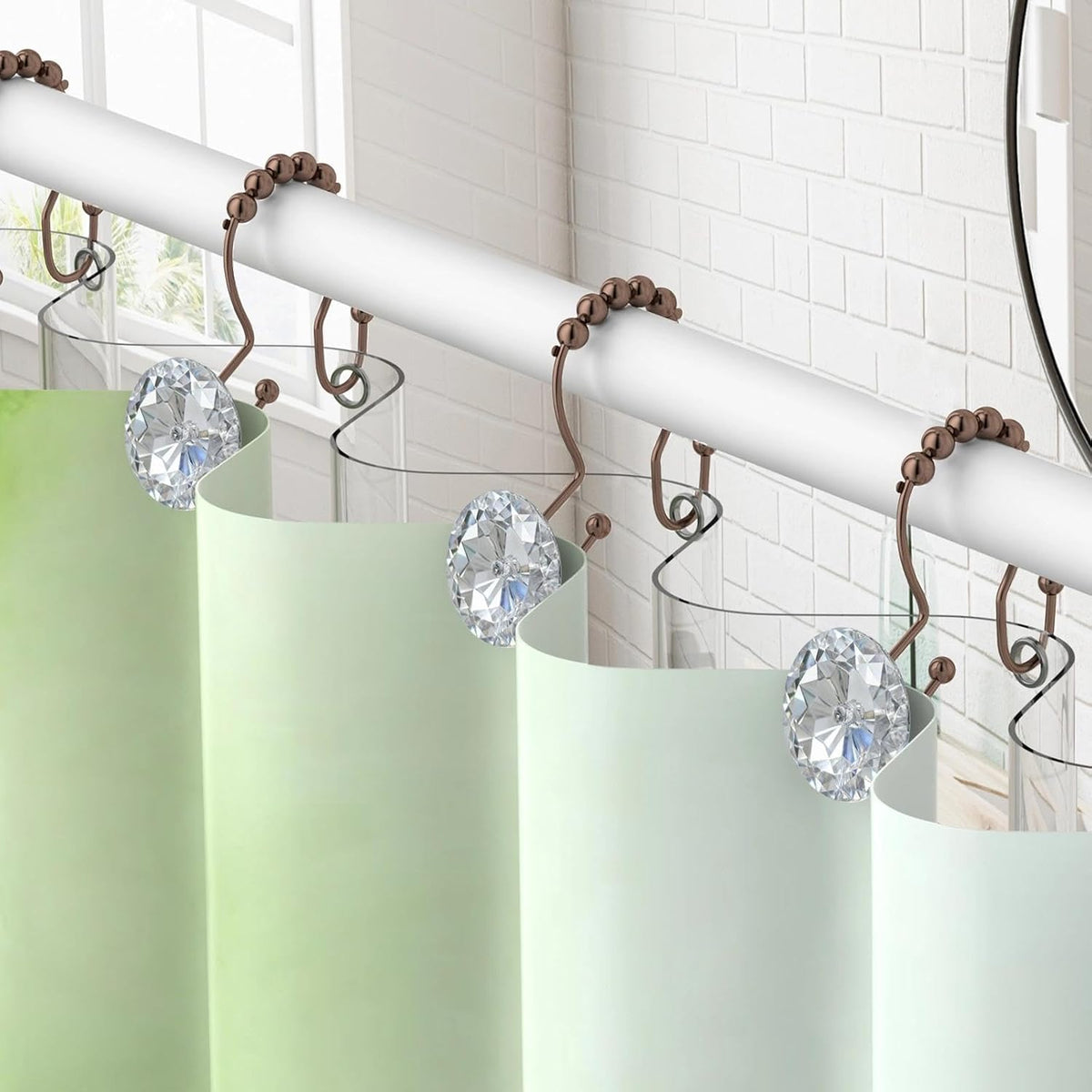 Goowin Shower Curtain Hooks, Crystal Shower Curtain Rings, Stainless Steel Shower Curtain Hangers, Metal Shower Rings for Curtain, Decorative Double Shower Hooks for Shower Curtain & Liner, Bronze