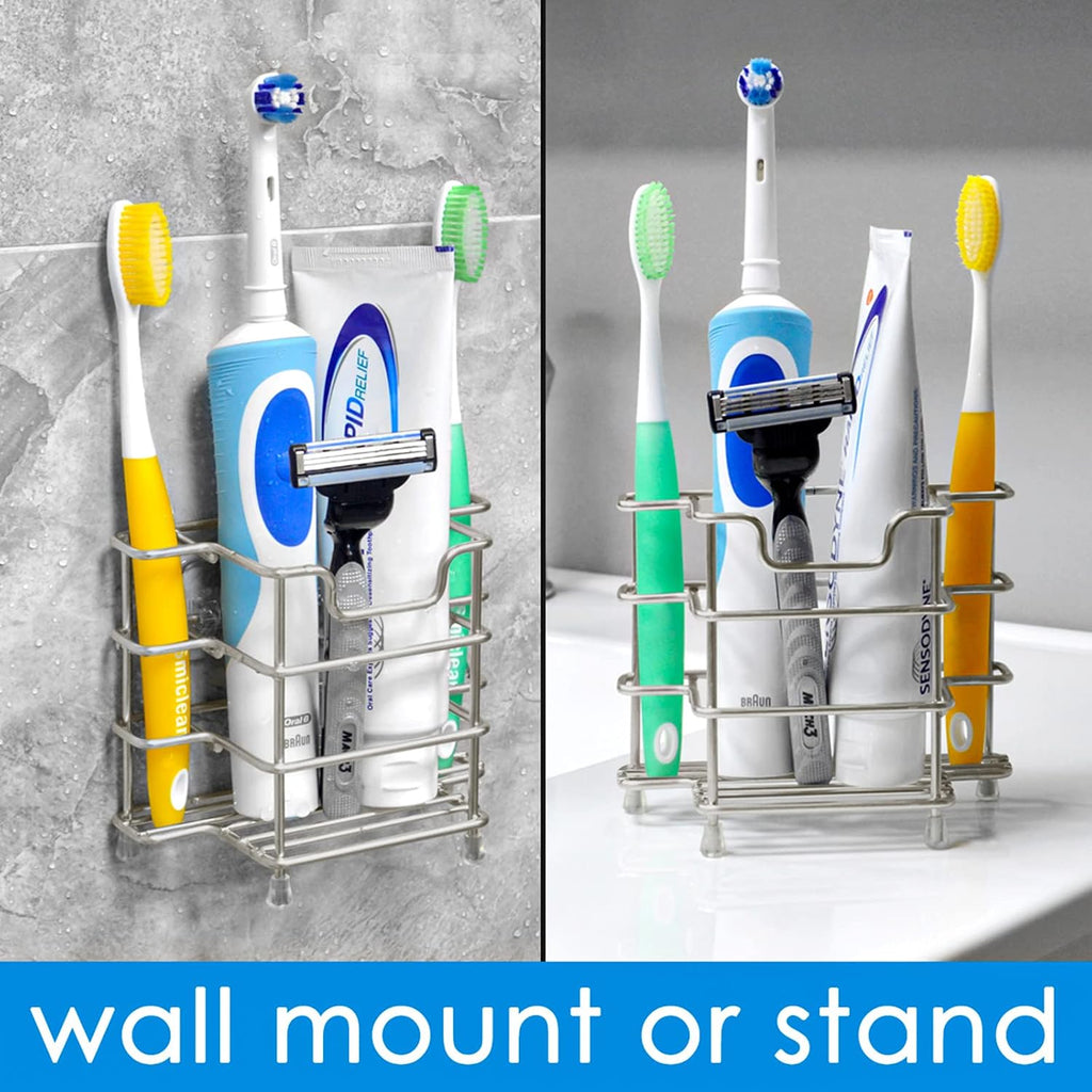 Linkidea 2 Pack Toothbrush Holders Wall Mounted, 3 Slots Bathroom Shower Organizer Stand, Stainless Steel Ventilated Countertop Rack for Toothpaste (Brushed Nickel)