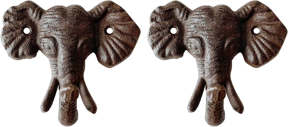 Rustic Elephant-Shaped Decorative Wall Hook Rack Hangers for Hanging Clothes, Coats, Towels, Keys, and Hats, 2-Pack Antique Cast Iron Mounted Wall Hooks