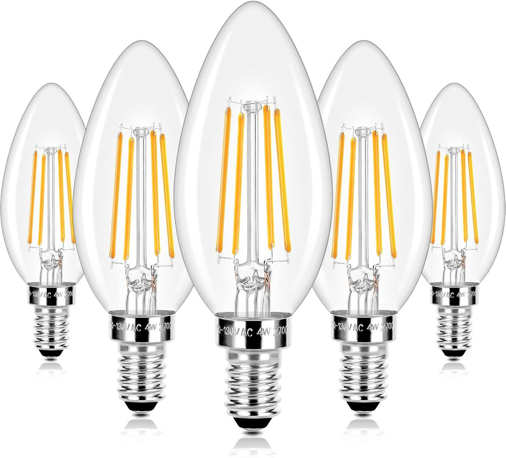 E12 LED Candelabra Bulbs 40 Watt Equivalent, 4W Vintage Candle Light Bulbs Dimmable, 470Lm Warm White 2700K B10 Edison Bulb, Filament Clear Glass Lamp Bulb for Chandelier Ceiling Fan (5 Packs)