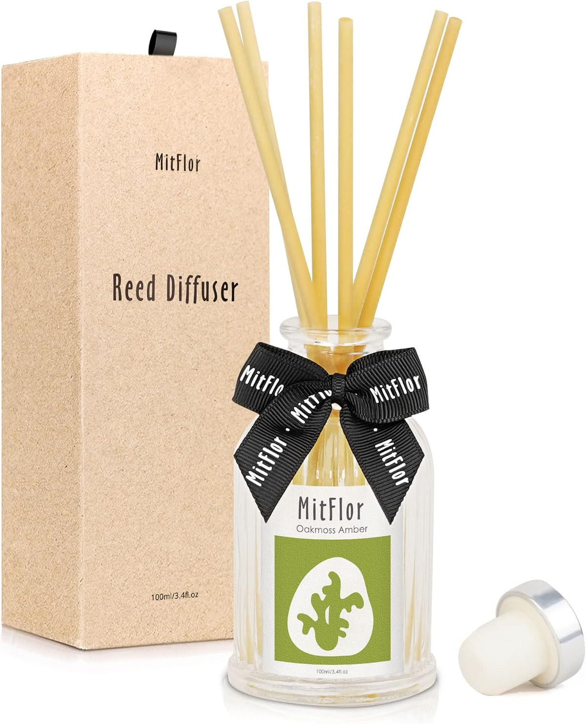 Reed Diffuser, MitFlor Oakmoss Amber Fragrance Diffuser Set, Room Freshener with Natural Rattan Sticks, Fresh Scent Oil Diffuser for Bedroom, Bathroom, and Home Décor, 3.4 fl oz