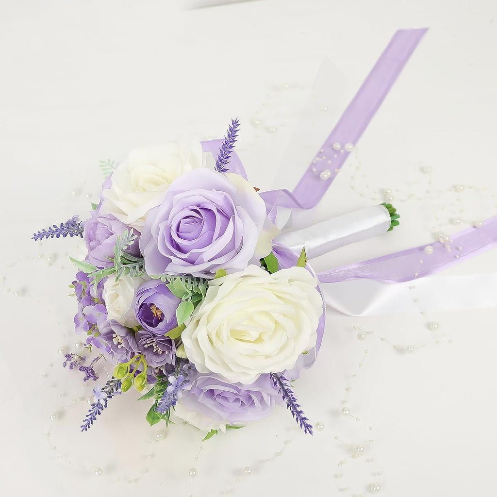 Bride Bouquets for Wedding 8.5 Inch Lilac Artificial Rose Flower Bridal Bouquets for Bride Wedding Bridesmaid Marriage Proposal Party Anniversary Church Decoration
