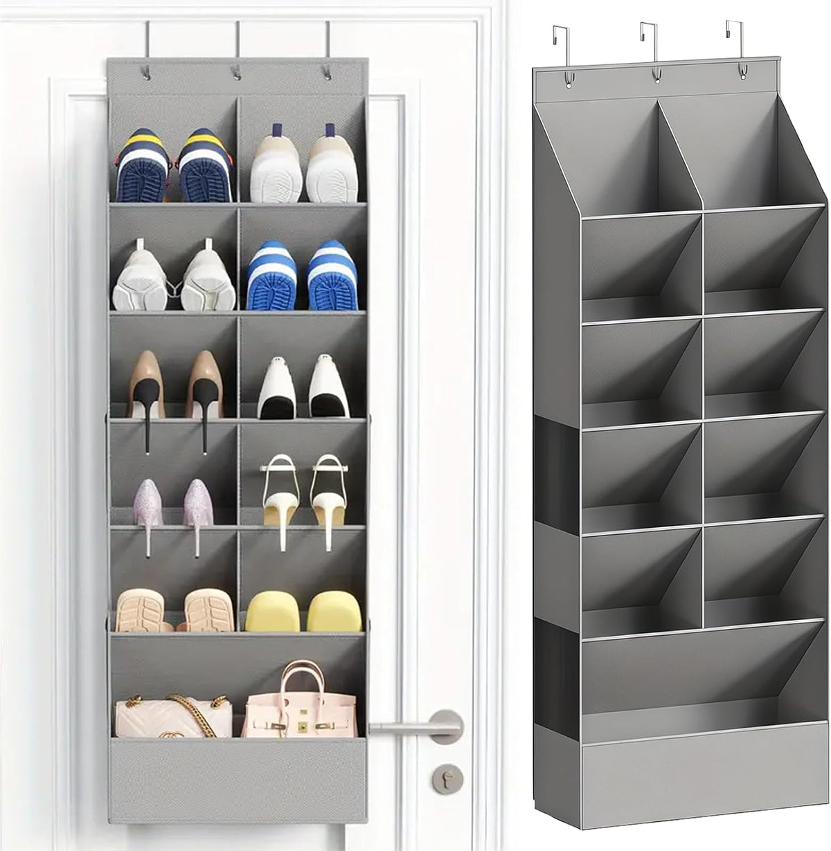 over the Door Shoe Organizer, Hanging Shoe Organizer with 15 Large Deep Pockets, Narrow Shoe Rack for Door Hanging Boots Storage, Dorm Room Essentials, Grey 11 Grid
