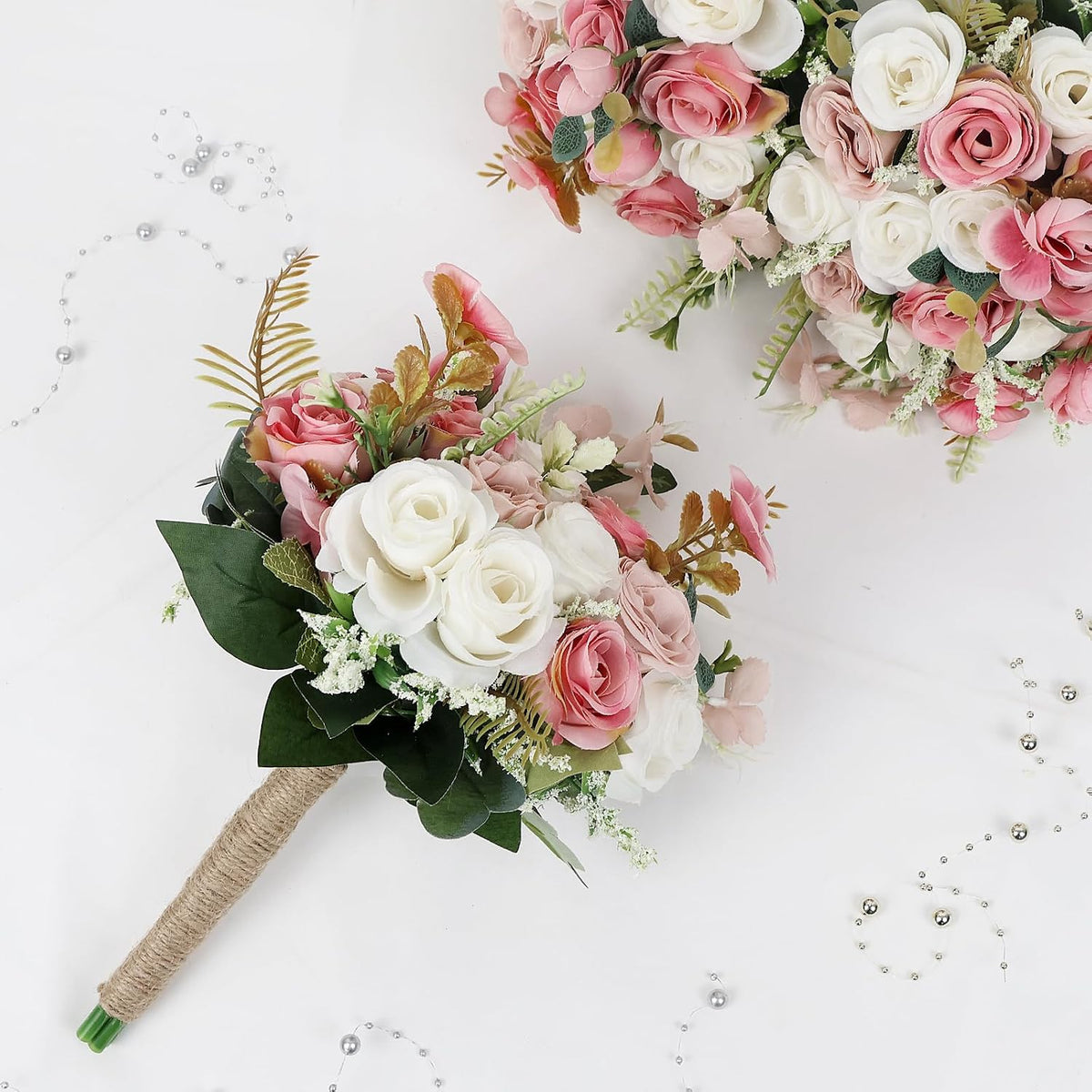 Wedding Bouquet for Bridesmaid- Hand Holding Flower Bouquet 7 Inch Artificial Flower Bouquet for Bride Party Ceremony Anniversary Decor - Dusty Pink & White