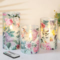 Glass Flameless Candles with Remote Timer Floral Battery Operated LED Flickering Blue Pillar Candle Real Wax Spring Summer Garden Dinner Christmas Holiday Farmhouse Decor D3 x H4, 5", 6"