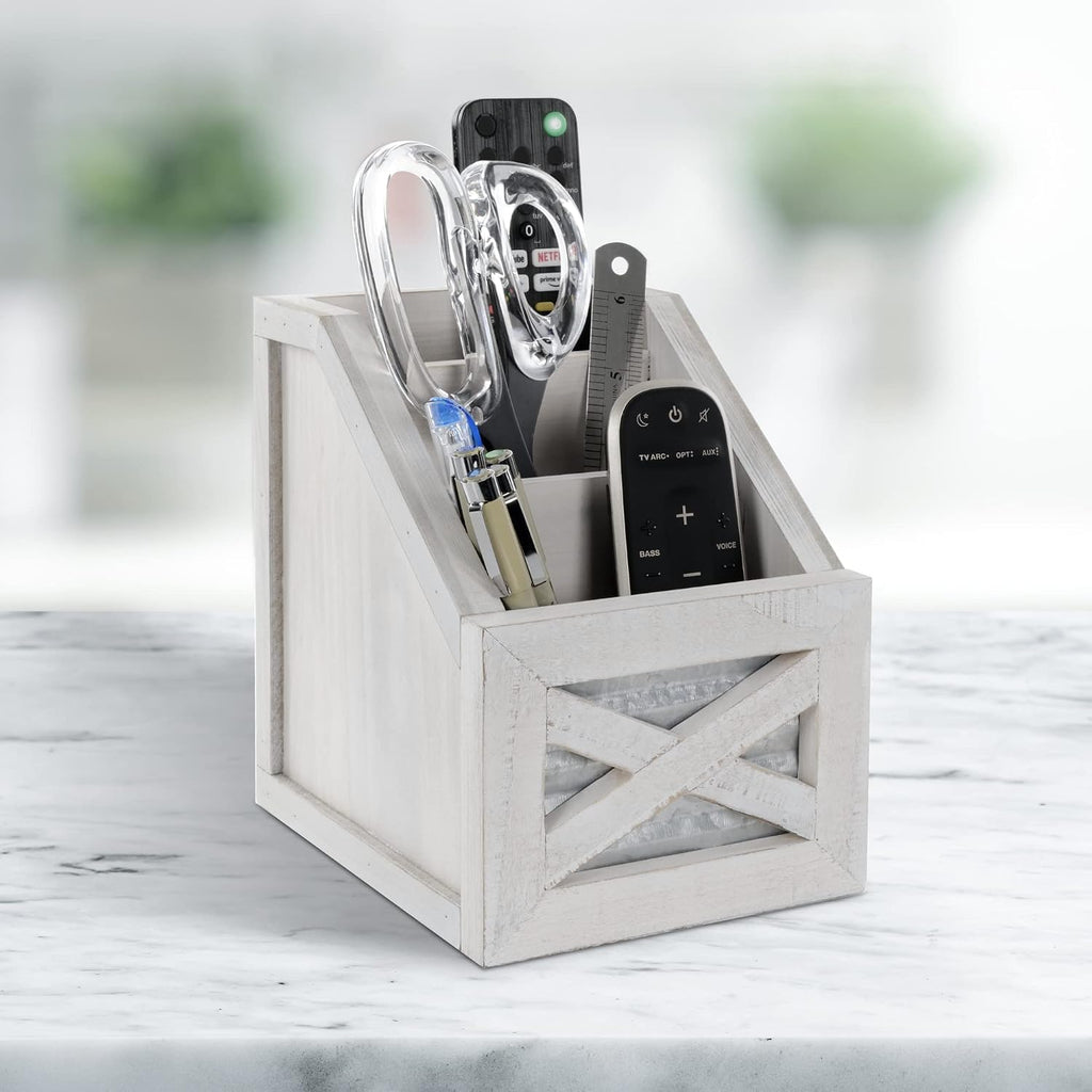 Autumn Alley Rustic Farmhouse Desk Organizer - 3-Slot Multiple Compartment Remote Control Storage Caddy, Barn Door Remote Holder - White