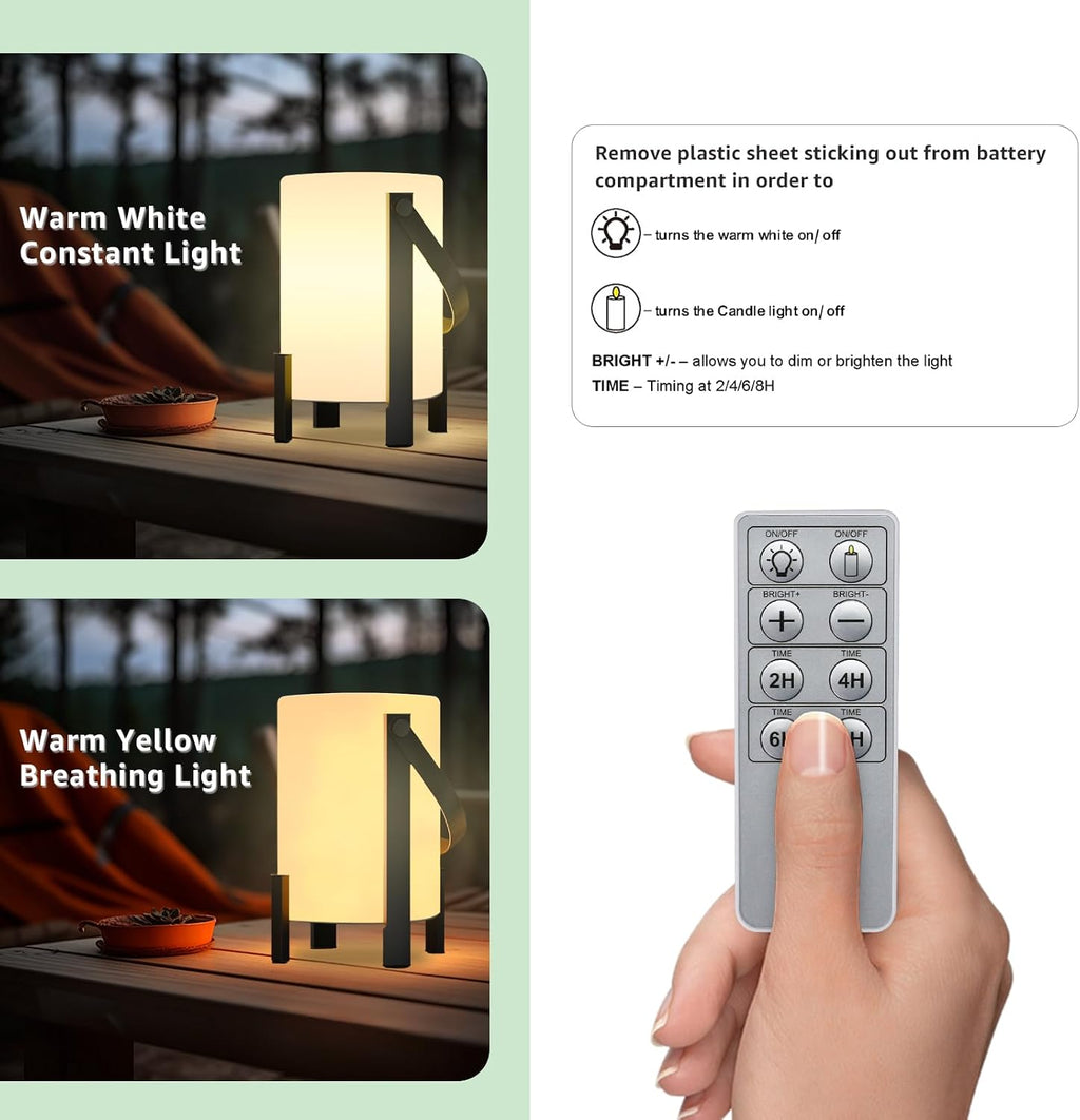 uuffoo Outdoor Rechargeable Lantern LED Table Lamp Shower Lamp Cordless 3000K and Candle Light IP44 Rain-Resistant | with Remote | PE & Metal for Bathroom Patio Camping Restaurant Home