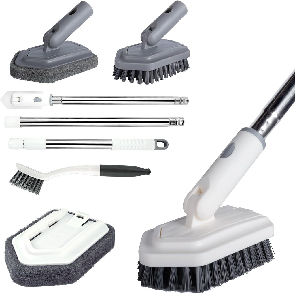 Shower Tile Tub Scrubber Brush with 4 Cleaning Heads,Floor Scrub Brush with 56''Long Handle, Shower Cleaner Brush & Grout Cleaner Brush Set for Shower,Tile, Tub, Bathroom,Kitchen,Walls,Sink