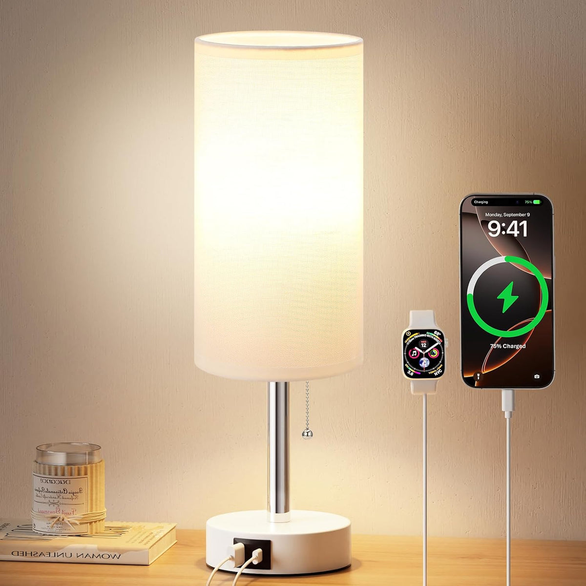 White Bedside Table Lamp for Bedroom - Small Nightstand Lamp for Girls