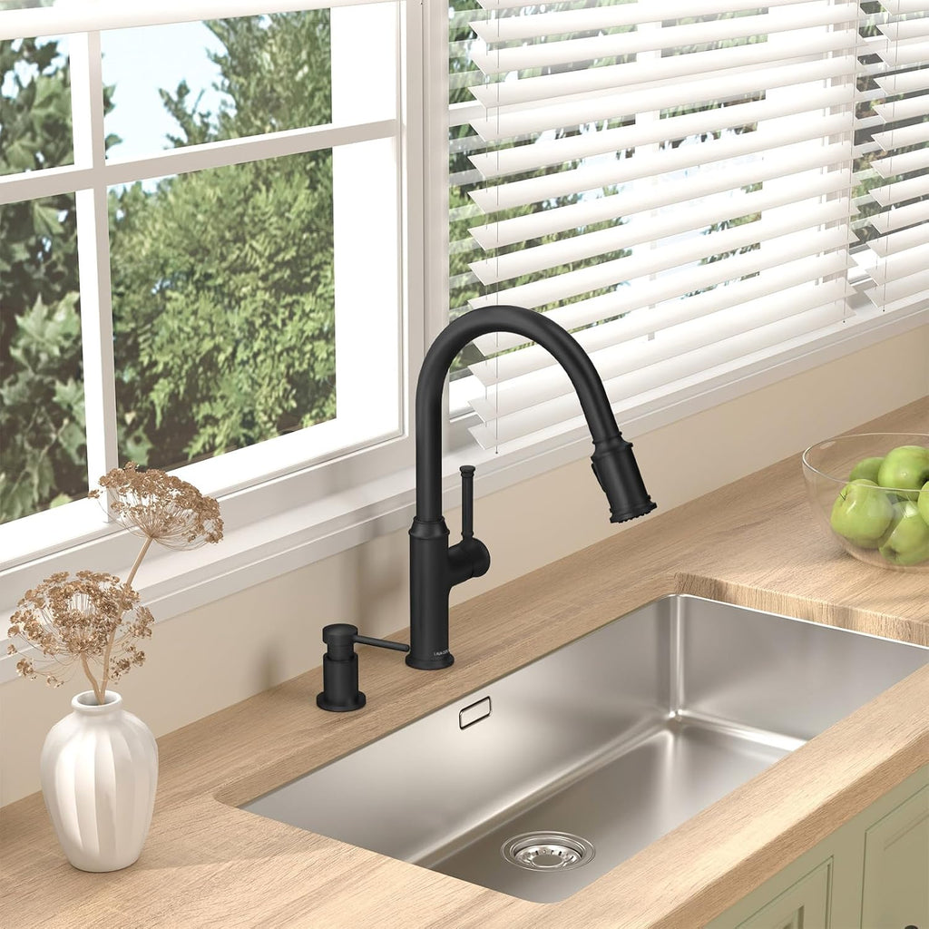 Lava Odoro Black Soap Dispenser for Kitchen Sink, Modern Brass Built in Countertop Pump Dispenser with 18 Oz Refillable Bottle, Kitchen Soap and Lotion Dispenser Spot-Free, Matte Black, KSD-21