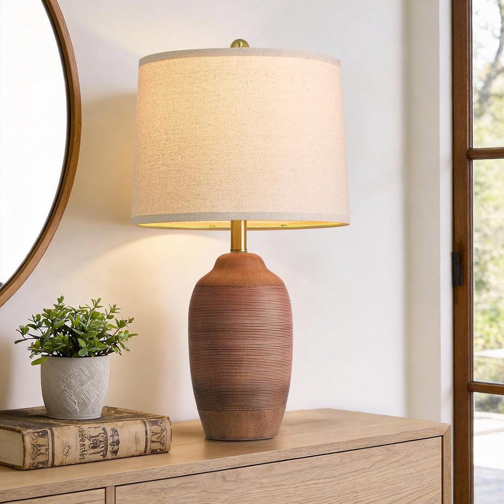 24.5" Single Rustic Terracotta Brown Handcrafted Ceramic Table Lamp 5FT Cord,Farmhouse Vintage Lamp with Linen Drum Shade, Bedside Lamp for Nightstands Bedroom Living Room Entryway,Bulb Not Included