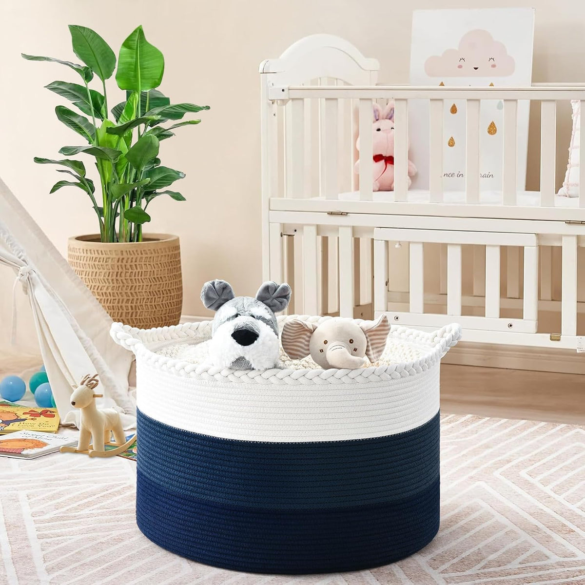 Large Woven Blanket Basket, 67L Cotton Rope Laundry Basket
